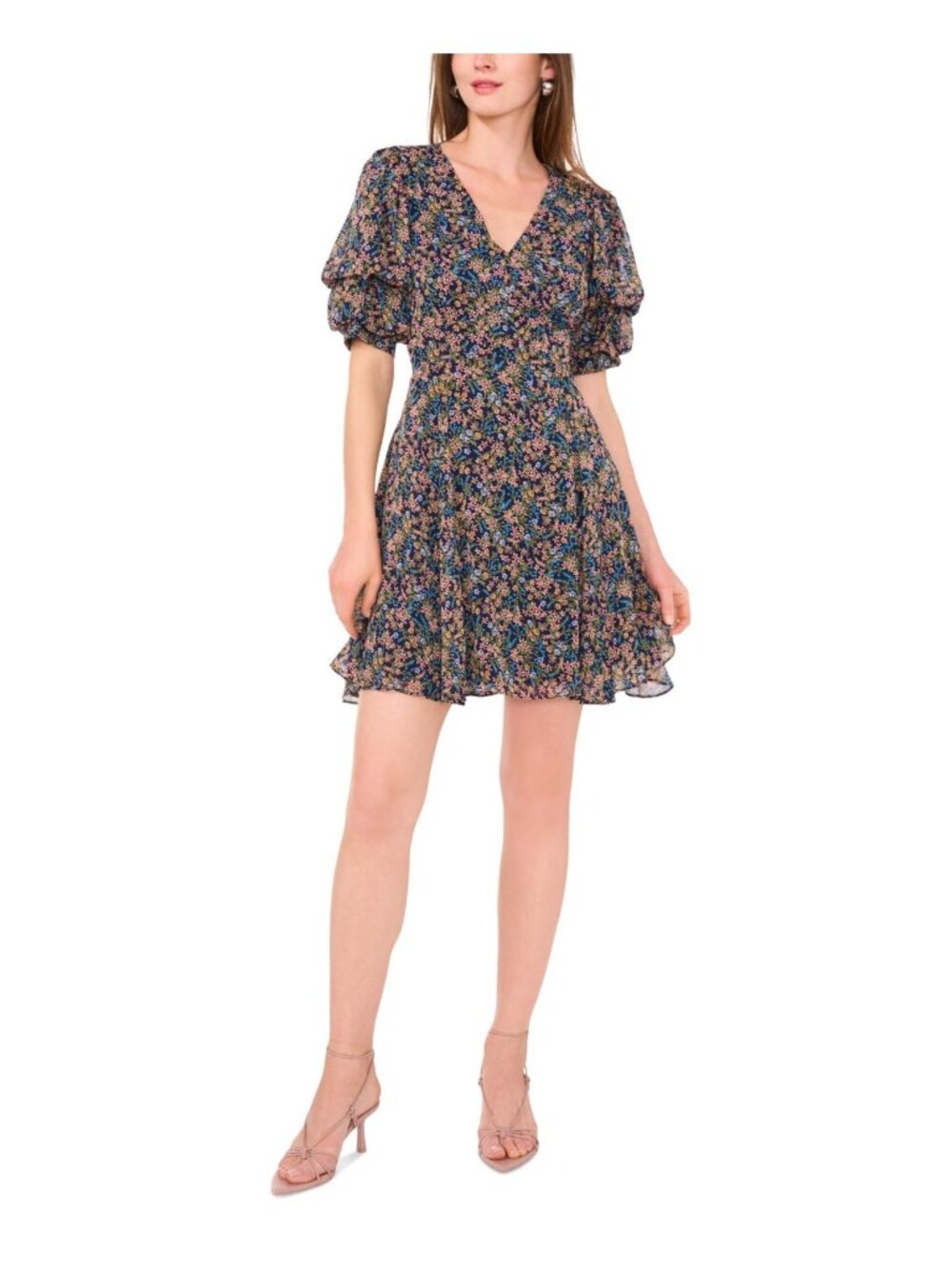1.STATE Women's Bubble-Sleeve Back-Cutout Floral Mini Dress Navy Size XL $89 - Picture 4 of 5